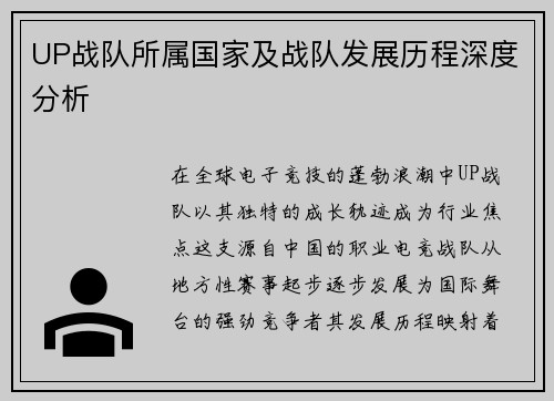 UP战队所属国家及战队发展历程深度分析