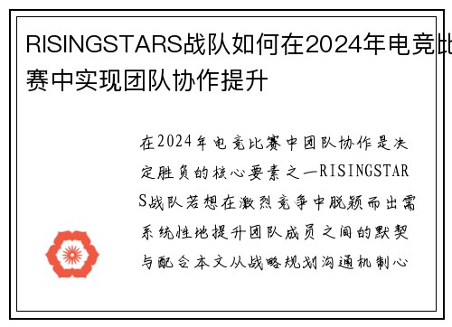 RISINGSTARS战队如何在2024年电竞比赛中实现团队协作提升